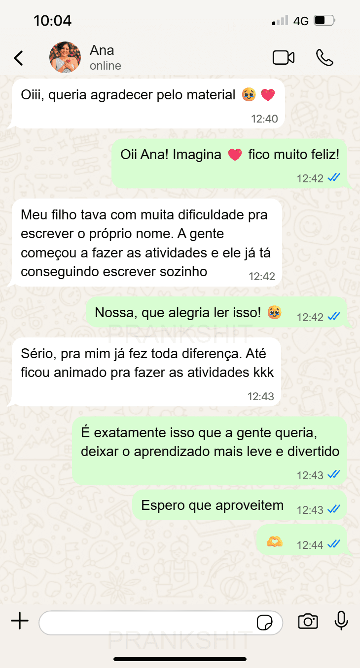 Print de conversa no WhatsApp de mãe agradecendo pelos resultados do Educakids360