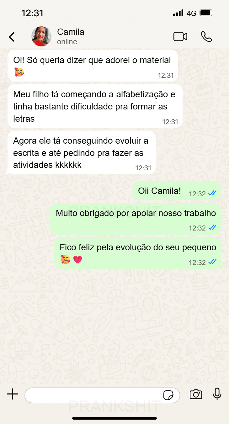 Print de conversa no WhatsApp de mãe agradecendo pelos resultados do Educakids360