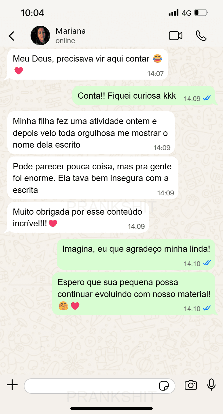 Print de conversa no WhatsApp de mãe agradecendo pelos resultados do Educakids360
